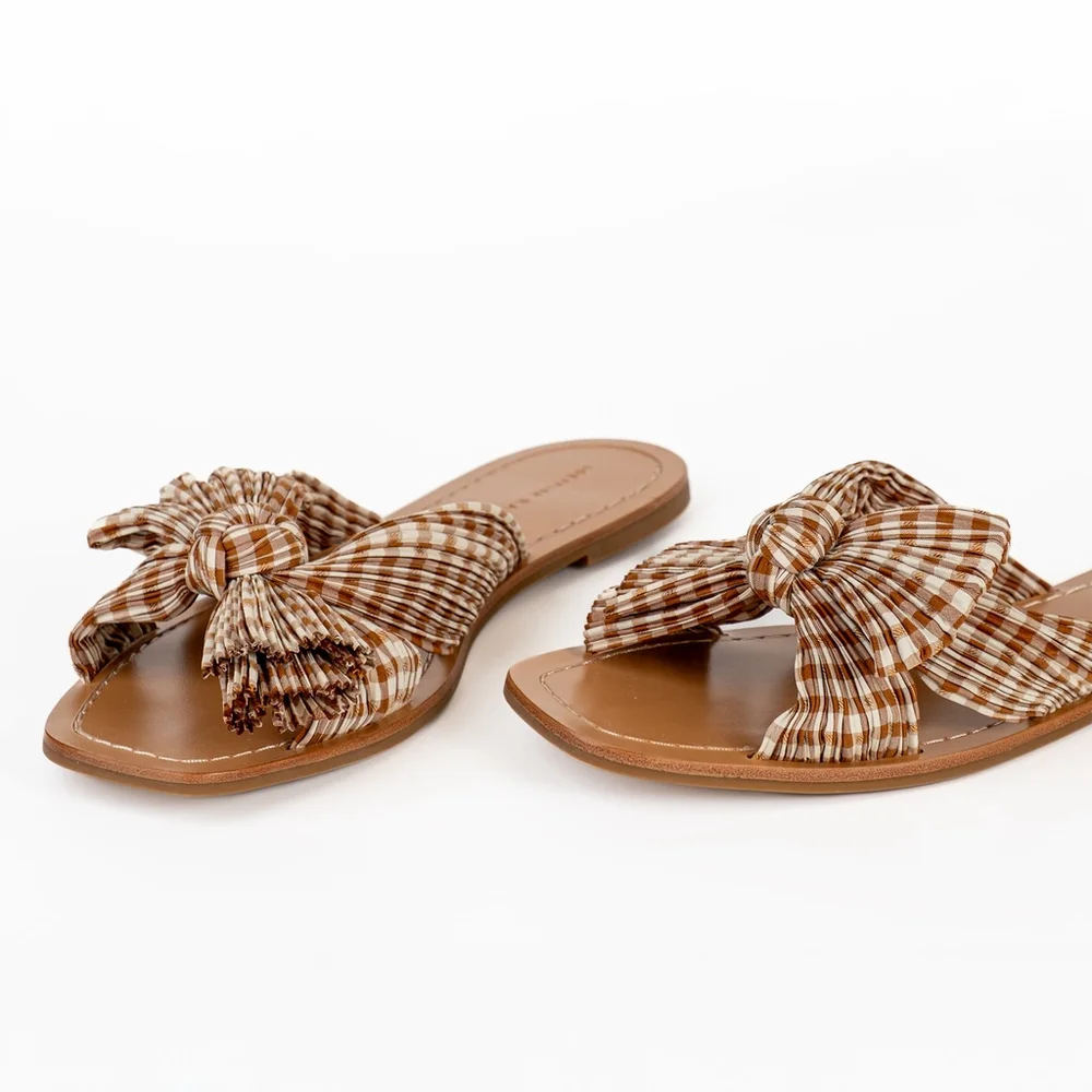NIB Loeffler Randall Rima Women's Bow Slide Sandals Brown Gingham - Size US 9.5 - Picture 9 of 13